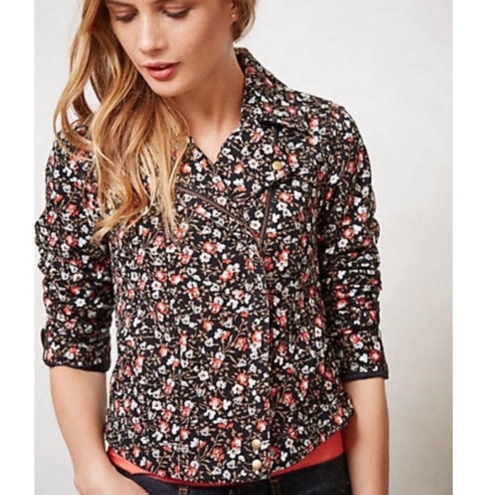 Anthropologie Black Floral Quilted Moto Jacket